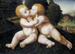 Circle of Joos van Cleve. St. John and Baby Jesus kissing. First third of the XVI century. Museo Nacional del Prado, Madrid