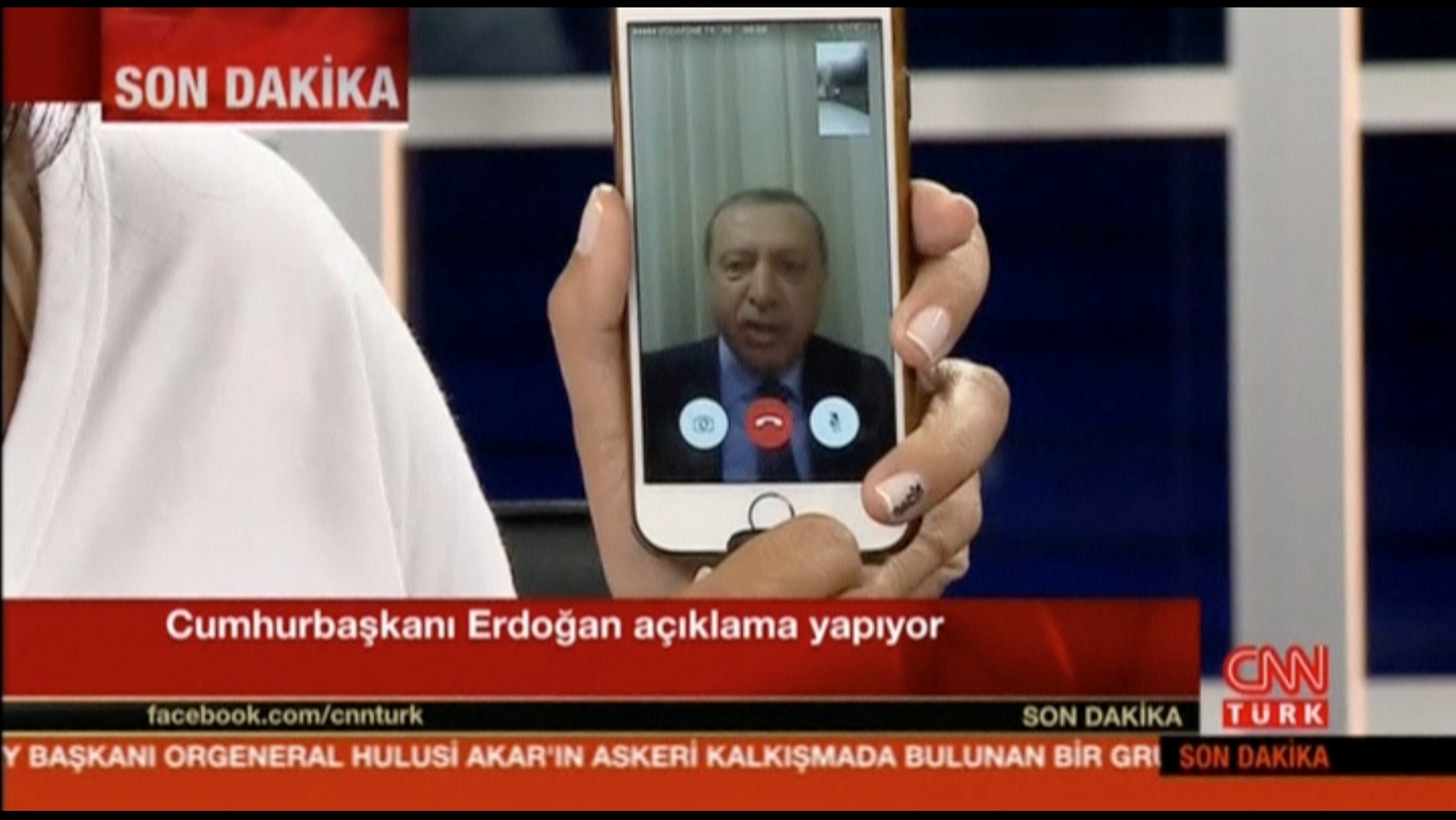 Still frame taken from video shows Turkey's President Tayyip Erdogan speaking via a Facetime video connection to address the nation during an attempted coup, in Marmais