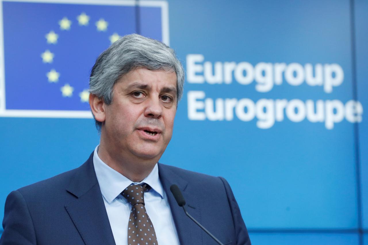 Portugal's Finance Minister Mario Centeno and president of the Eurogroup speaks at the at the European Commission in Brussels