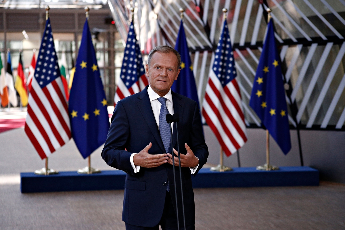 European Council President Donald Tusk gives a press statement after a meeting of EU leaders with US President Donald Trump at the European Council in Brussels, Belgium May 25, 2017